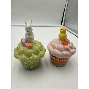 New without box  Mackenzie Childs Calico Cupcake Lidded Boxes Bunny & Chick